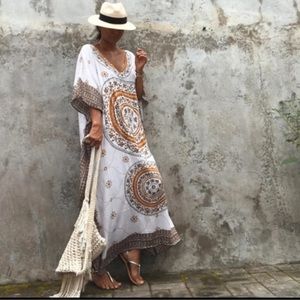 Aaya Neutral Bali Circle Kaftan Beach Dress Kimono, Beach Coverup Maxi